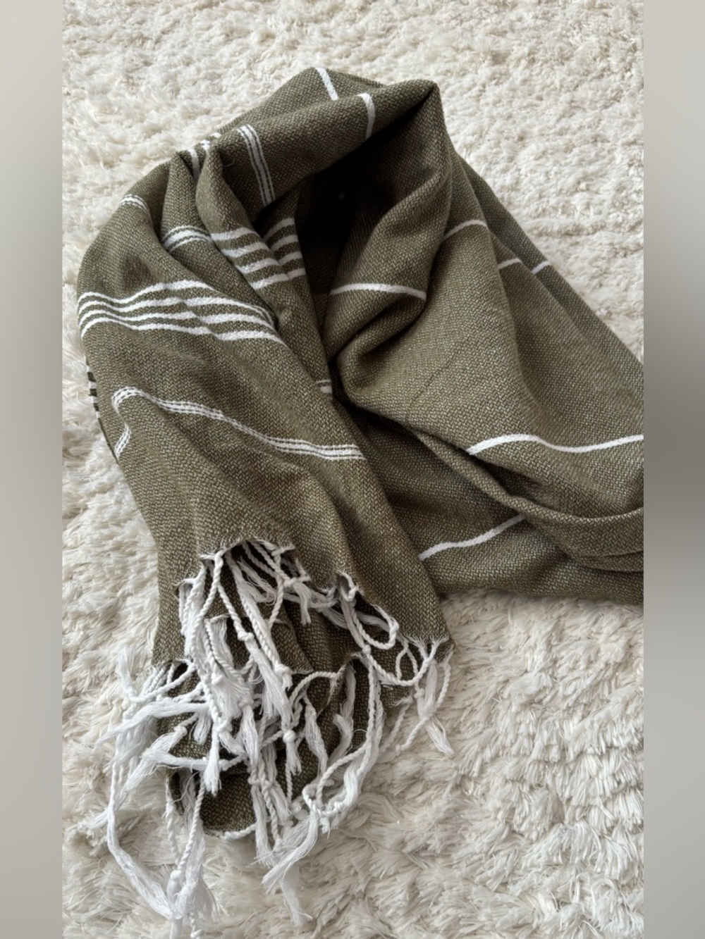 Olive Green Striped Fringe Scarf Wrap Towel